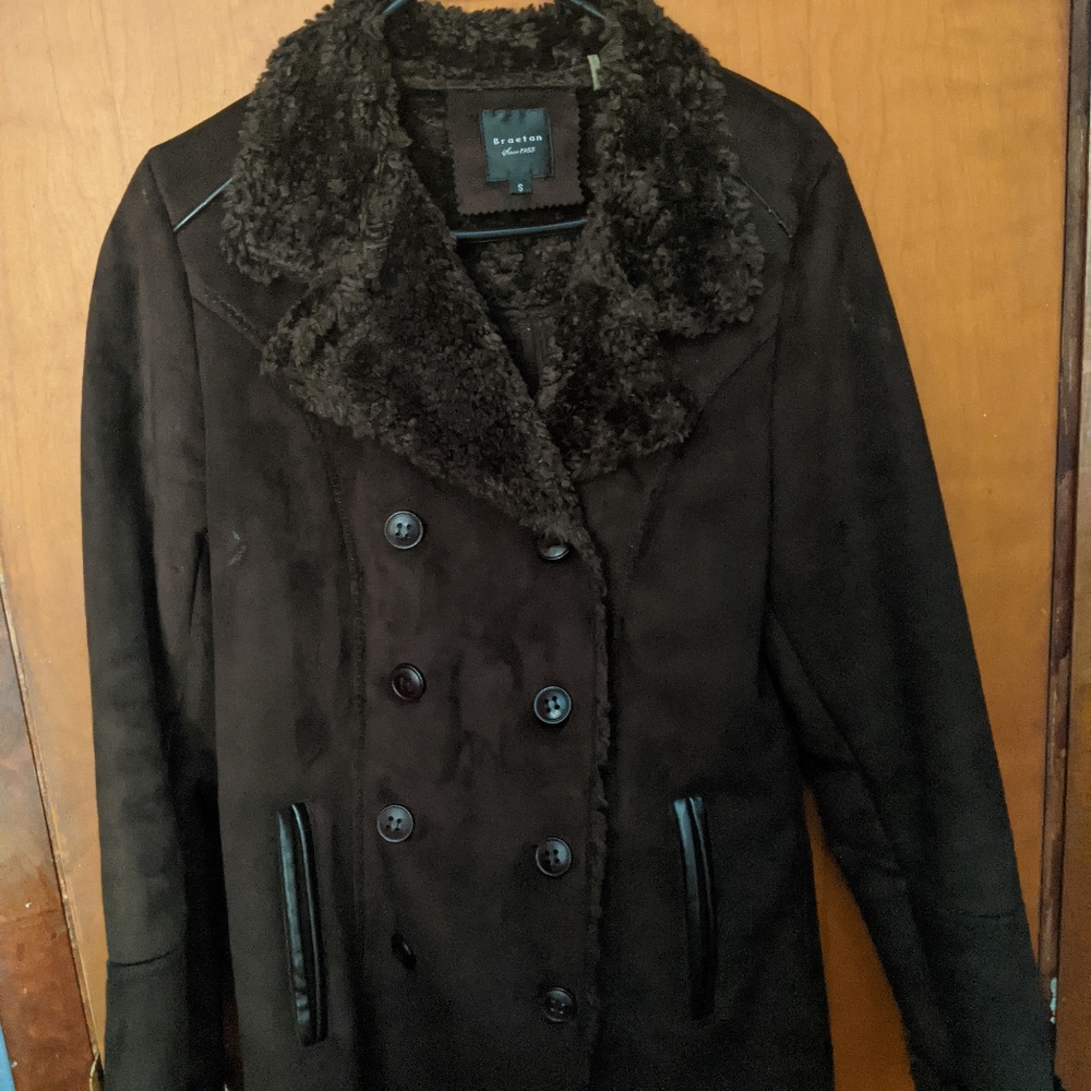 Faux shearling suede chocolate brown peacoat small